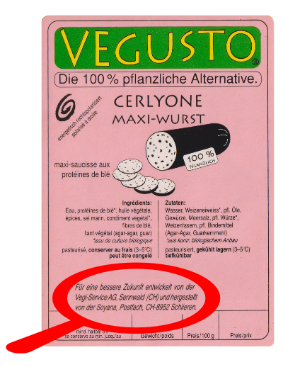 Bild: Die ersten Etiketten von Vegusto (1997); produziert bei der Firma Soyana.