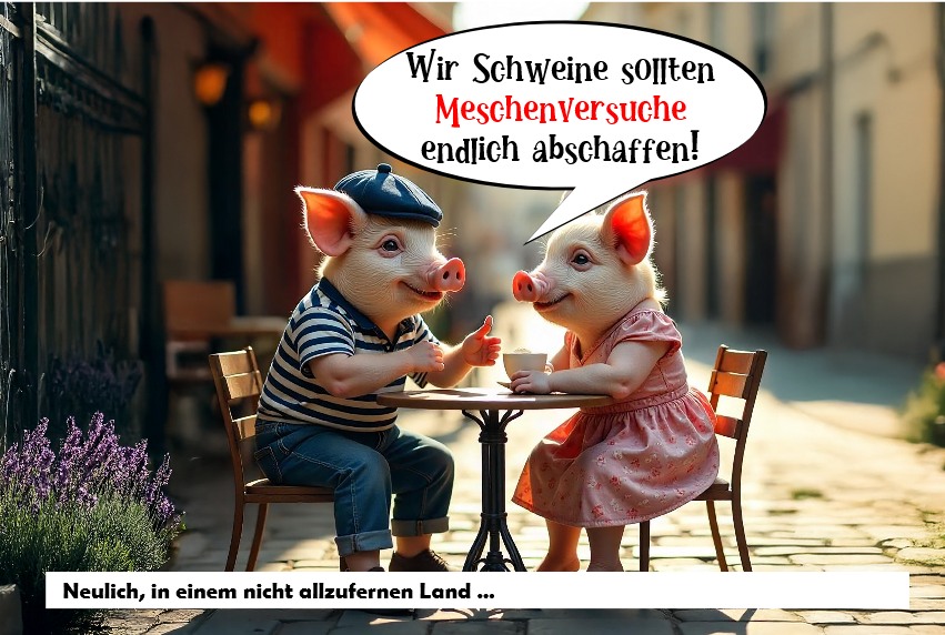 Zwei Schweine diskutieren, ob es nicht an der Zeit wäre Menschenversuchte abzuschaffen