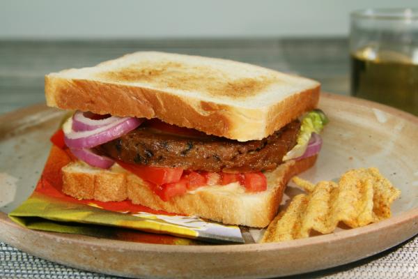 Hearty vegan burger with No Moo, sandwich cream