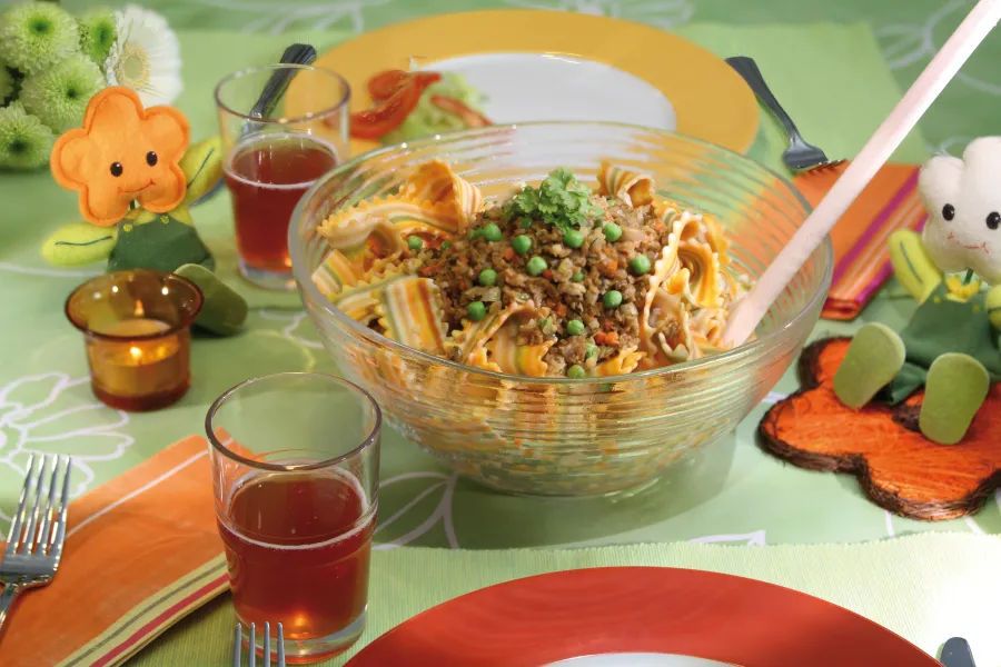Colourful Ribbon Noodles with Veggie Mince