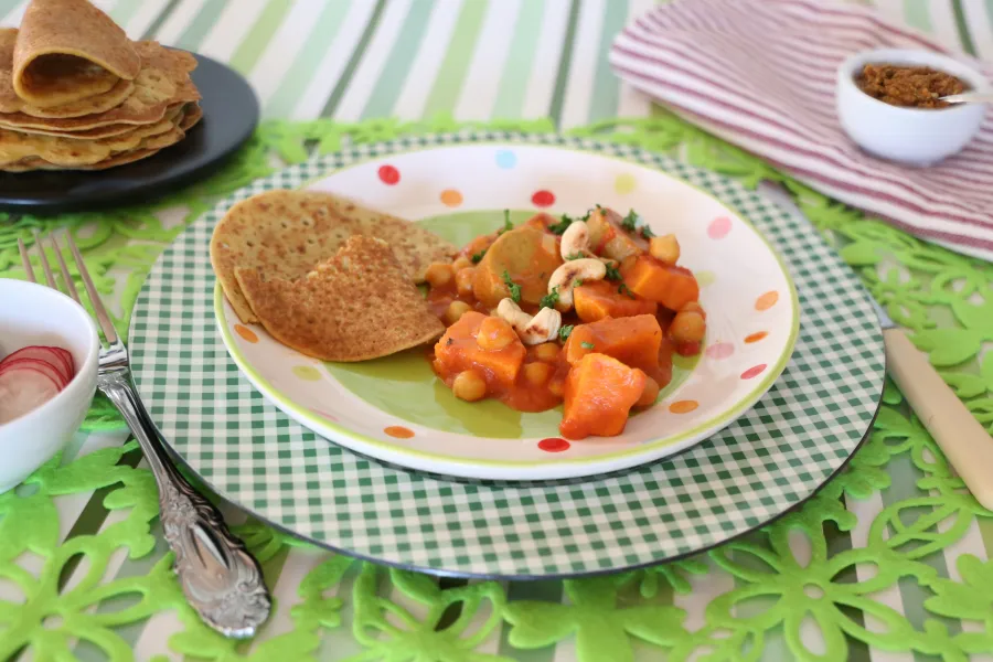 Reis-Linsen Fladen mit Vegan-Bratwurst, Curry
