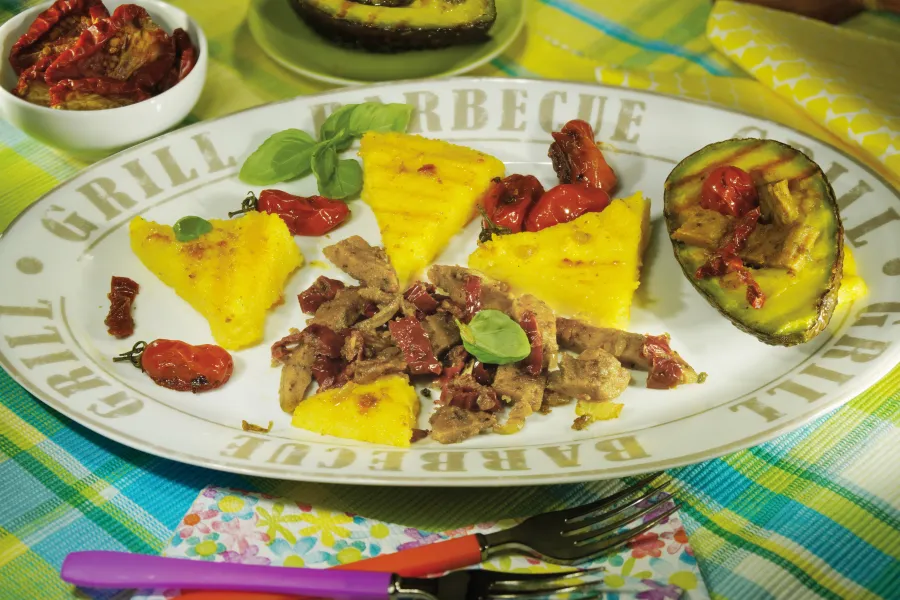 Grilled corn cuts with Vegan-schnitzel