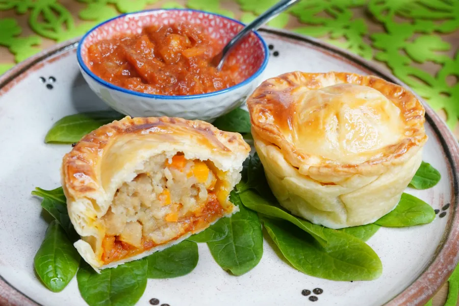 Tomato-apple pie with Vegan-sausage, Onion