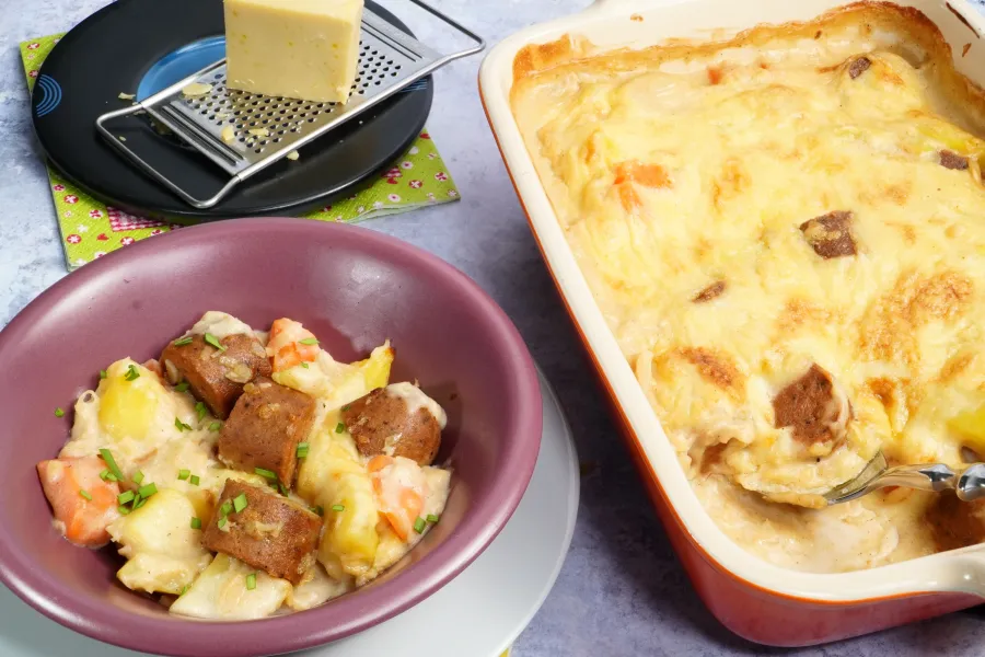 Kartoffel-Sauerkraut-Gratin mit Vegan-Bratwurst, Pikanter Max