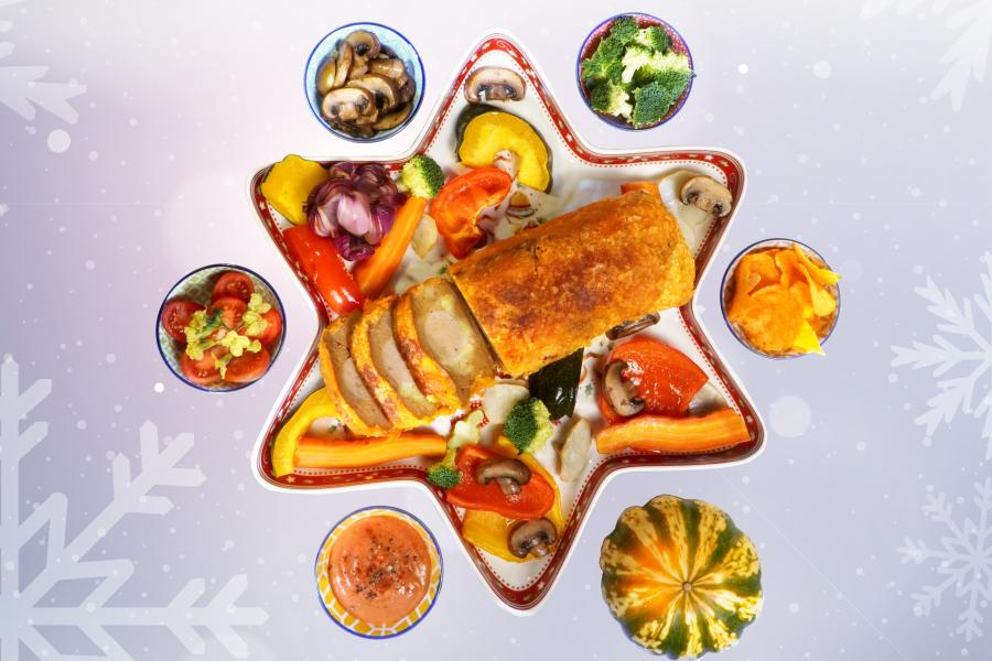 Knuspriger Chipsmantel für das Vegan-Festbratstück\r\n <p>Zartes Gemüse aus dem Ofen, feine Pilze und ein aussergewöhnlicher Mantel aus Paprika-Chips begleiten hier das vegane Festbratstück von Vegusto. Ein Festmahl, das schmeckt und auch rasch zubereitet ist.</p>
