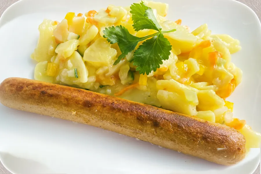 Kartoffelsalat mit veganer Räucherwurst