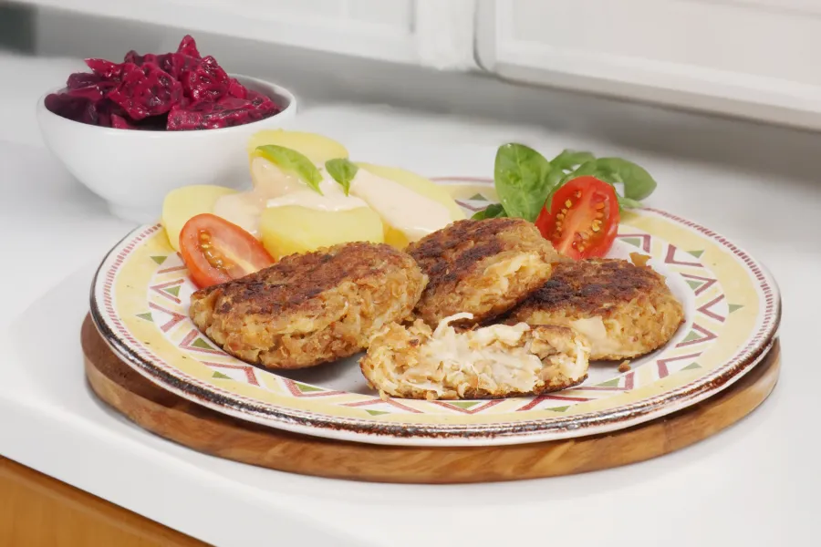 Vegan sauerkraut patties with No Moo, Pizza Sauce